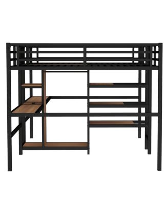Twin Over Twin Metal Loft Bed with Double Desk, Wardrobe, Shelves & Outlet