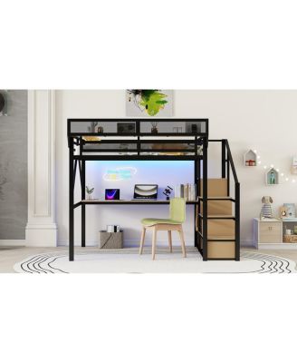 Full Loft Bed with Desk, Stairs & Charging Station, Black