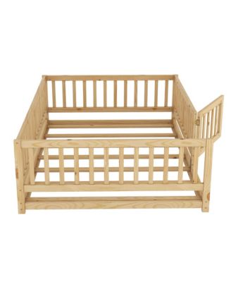 Pine Wood Full Size Floor Bed with Slats, Fence and Door, Montessori Floor Bed for Kids, Girls, Boys