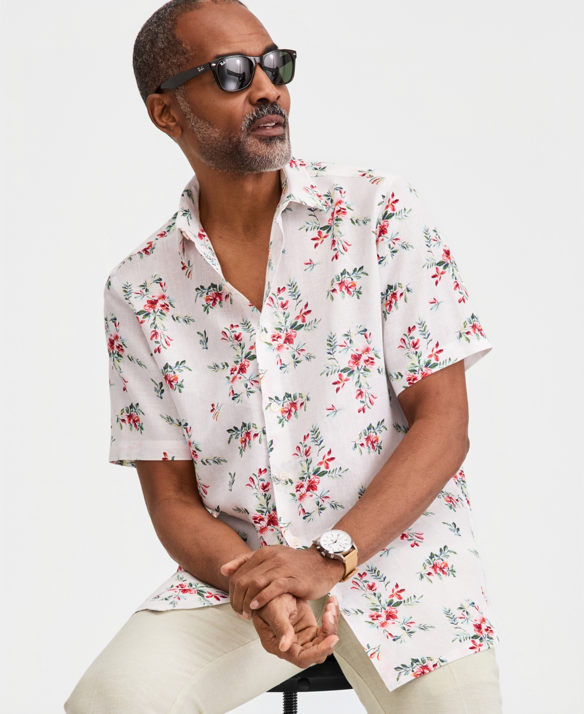 Club Room Men's Short-Sleeve Linen Shirt, Macy's Exclusive - Journal Floral Print