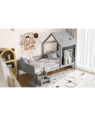 Twin House Bed with Stairs, Window, Bookcase, Blackboard, Star Roof