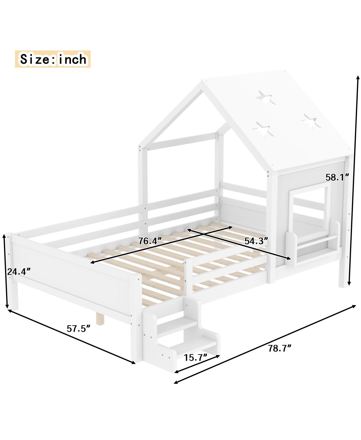 Streamdale Furniture Full House Bed with Low-Profile Stairs, Window, Bookcase, Blackboard, Star Roof