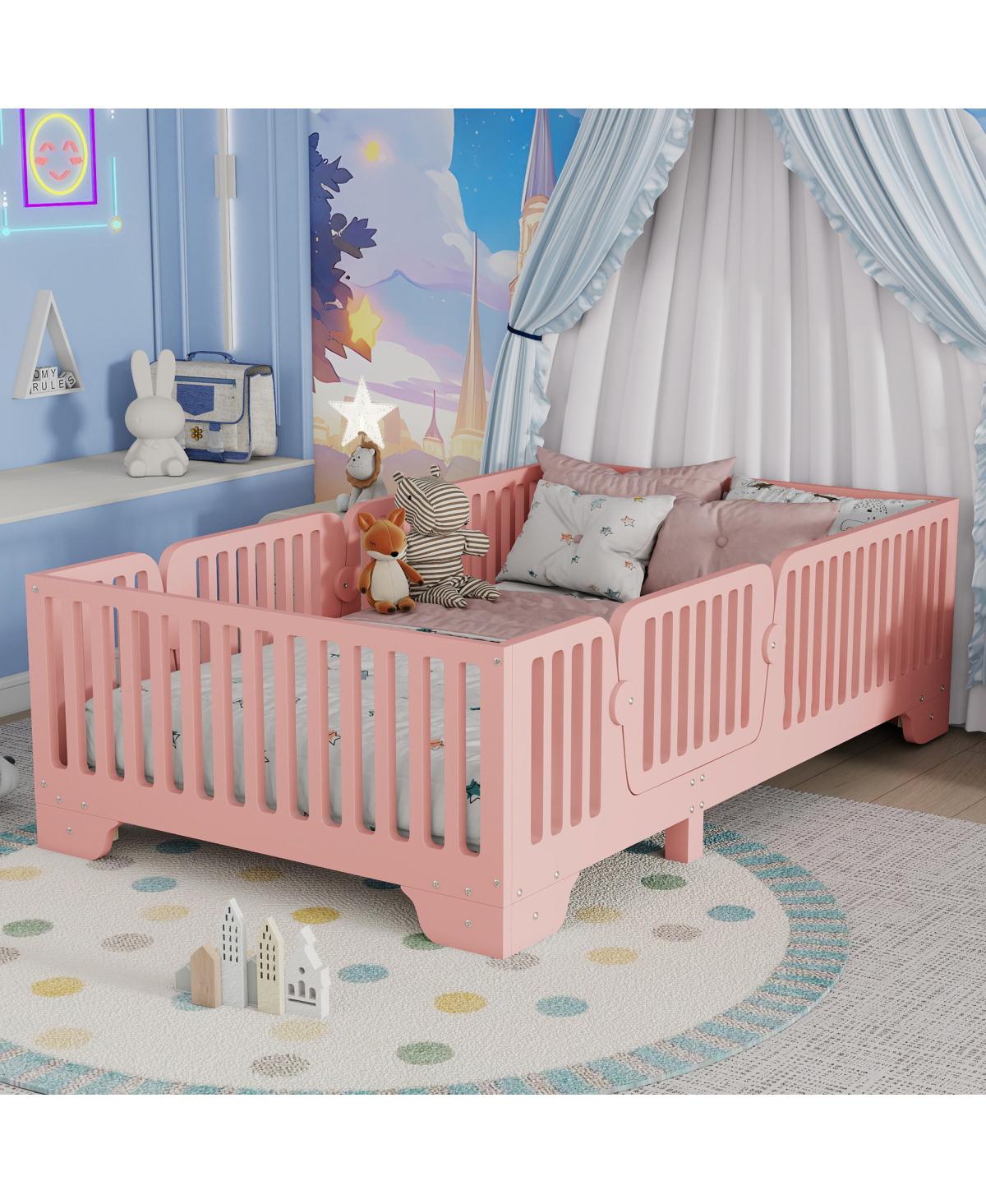 Streamdale Furniture Twin Montessori Floor Bed with Slats, Fence & Door - Pink