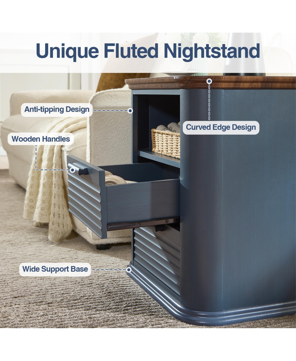 Rainsken 22" Fluted Nightstand with Charging Station, Modern Bedside Table with 2 Drawers and Open Storage for Living Room