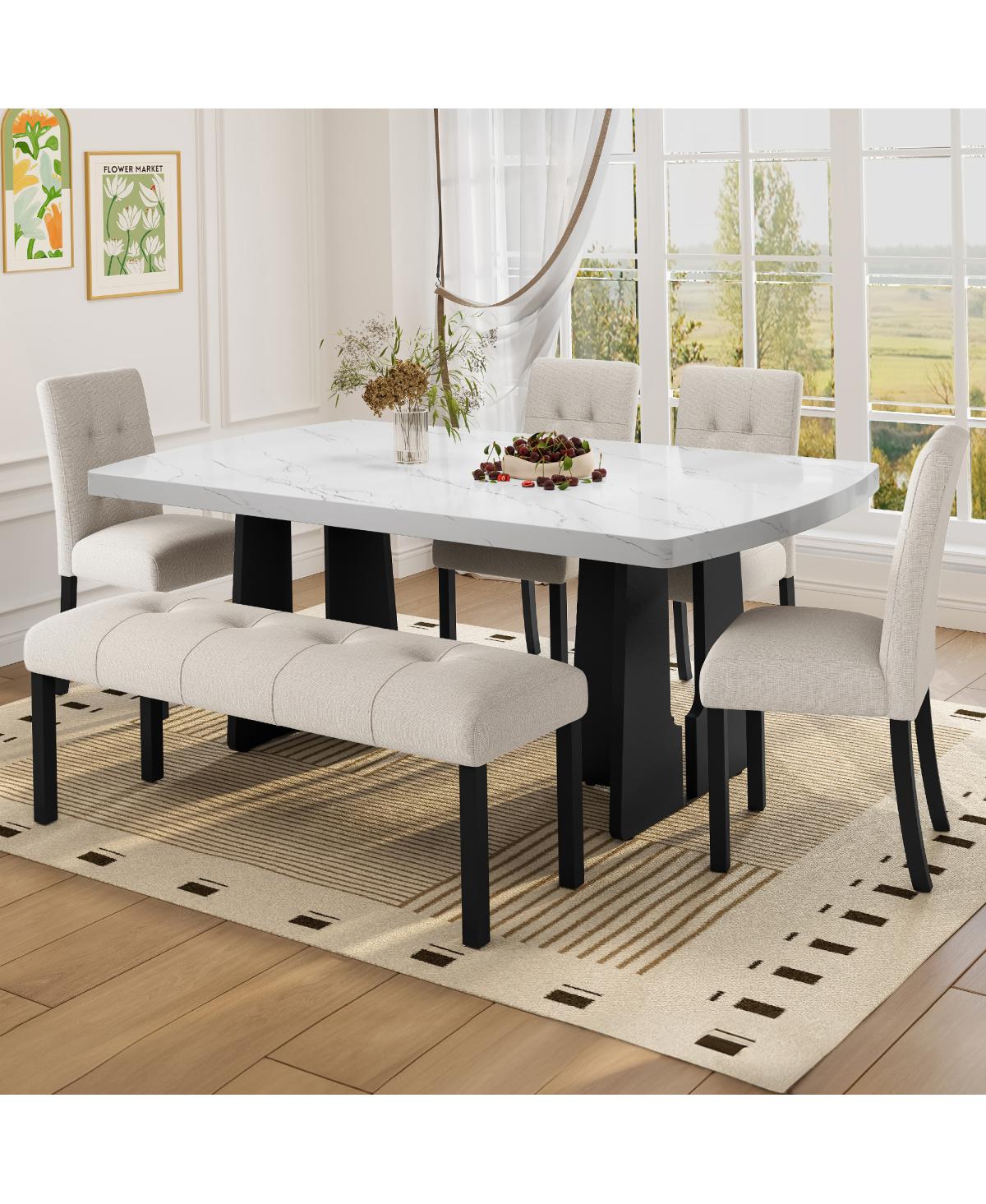 Streamdale Furniture Modern Tufted Linen Dining Bench with Black Rubber Wood Legs