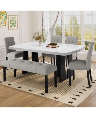 Modern Tufted Linen Dining Bench with Black Rubber Wood Legs