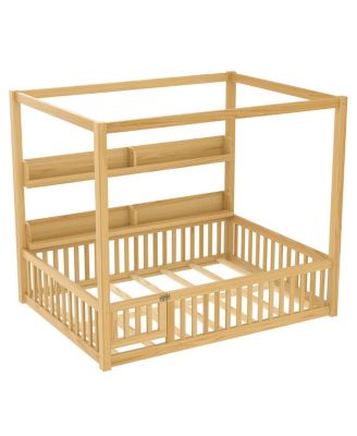 Canopy Bed with Guardrails & Shelves, Montessori Floor Bed Frame