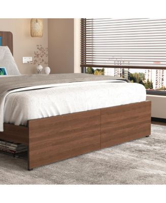 Wooden Queen Farmhouse Bed Frame with Bookcase, Storage Drawers & LED Headboard