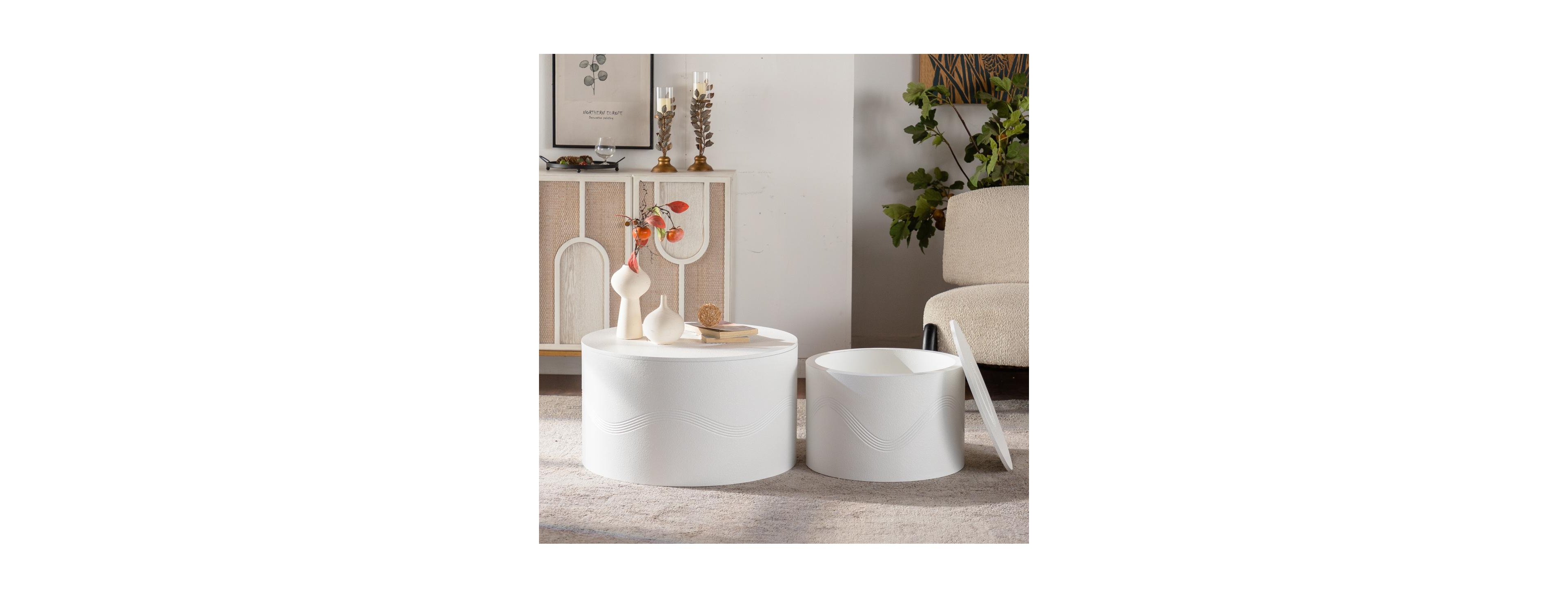 Streamdale Furniture Set of 2 White Round Coffee Tables with Hidden Storage (26.77"/19.69)