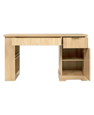 55" Modern Fluted Office Desk with Storage, Drawers, Power Outlet & Shelves