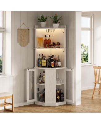 67.3" Farmhouse Corner Bar Cabinet with Power Outlet, Lights & Glass Rack