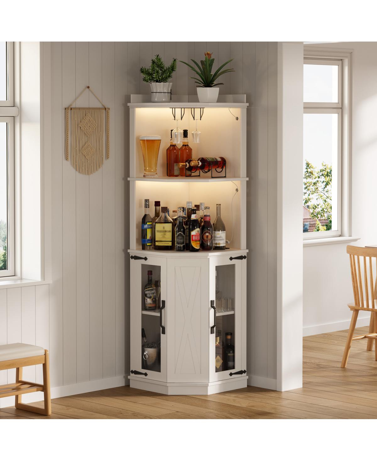 Streamdale Furniture 67.3" Farmhouse Corner Bar Cabinet with Power Outlet, Lights & Glass Rack