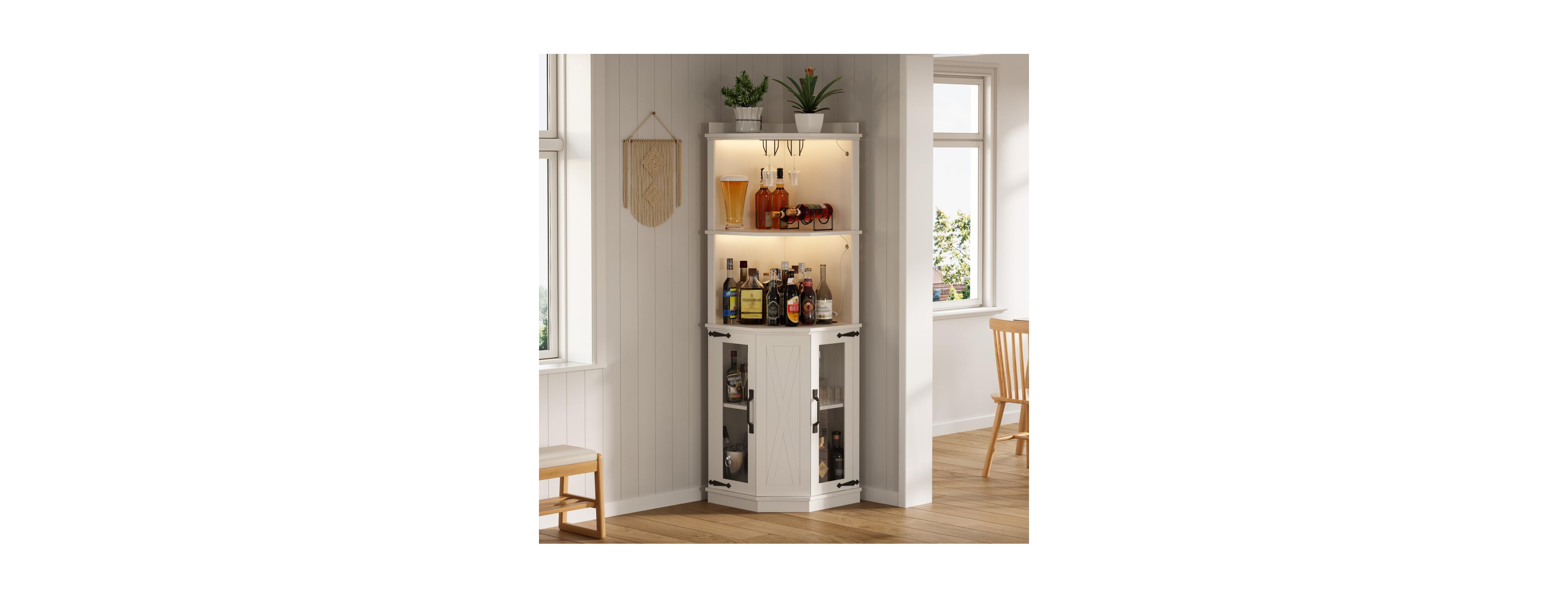 Streamdale Furniture 67.3" Farmhouse Corner Bar Cabinet with Power Outlet, Lights & Glass Rack