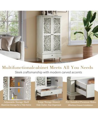 Rustic 55" Storage Cabinet with Drawer and Carved Wood Doors