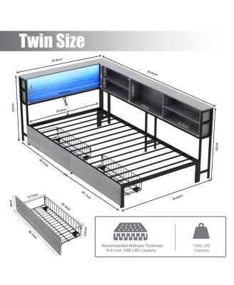 Streamdale  Furniture Twin Corner Daybed with Storage, Bookcase Headboard, LED & USB