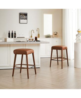 Counter Height Backless Brown Faux Leather Bar Stool - Padded Seat, Metal Legs (2 Sets)