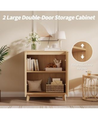 Fluted Accent Buffet Cabinet with Storage, 2-Door Mid-Century Sideboard with Adjustable Shelves, Beige/Khaki