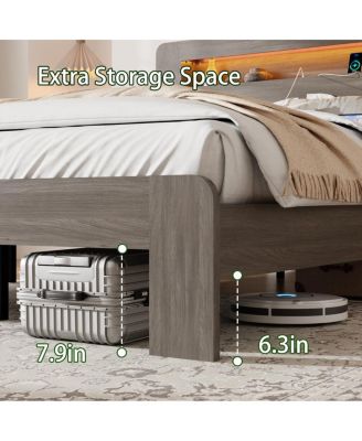 Wood King Bed Frame with Storage, LED Headboard, USB