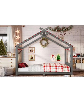 Full House Floor Bed with Support Slats, Solid Wood House Bed Frame for Kids, Gray