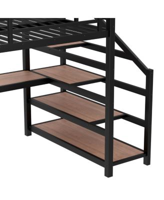 Full Loft Bed with Desk, Storage Stairs, LED Lights & USB Ports