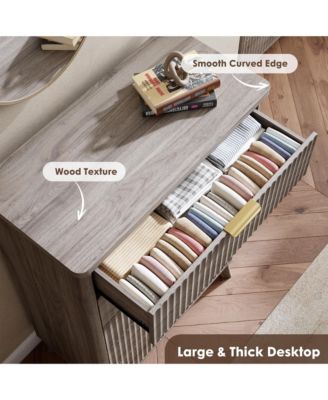 Fluted Dresser for Bedroom, 5 Deep Drawer Modern Wood Storage Chest, Grey