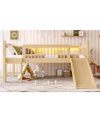 Loft Bed with Storage Shelves, Solid Wood, LED Lights, Guardrails