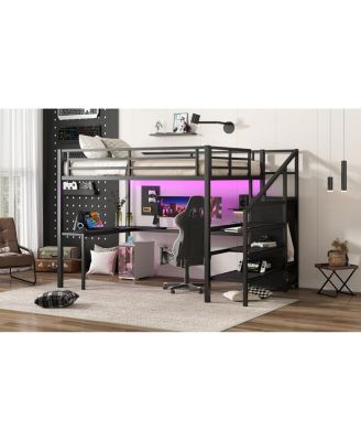 Streamdale Queen Loft Bed with L-Desk, Wardrobe, USB & LED