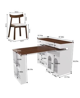 Kitchen Island Set with 2 Chairs, Extendable Rotating Table, 4 Drawers & Cabinets