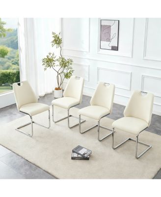 Streamdale Dining Chairs Set of 4, Off-White Faux Leather w/ Gold Mesh, Silver Ring, Chrome Handle