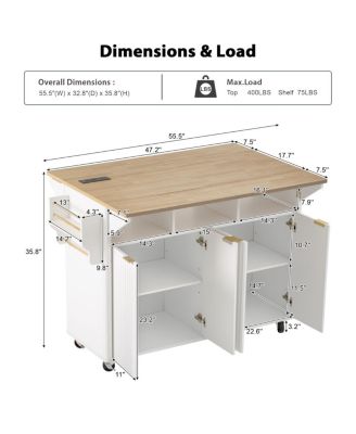 Streamdale  Furniture 55.5" Fluted Kitchen Island with 2 Drop Leaf, Storage Cart, Power Outlet, 4 Doors, Spice Rack, Rolling Table