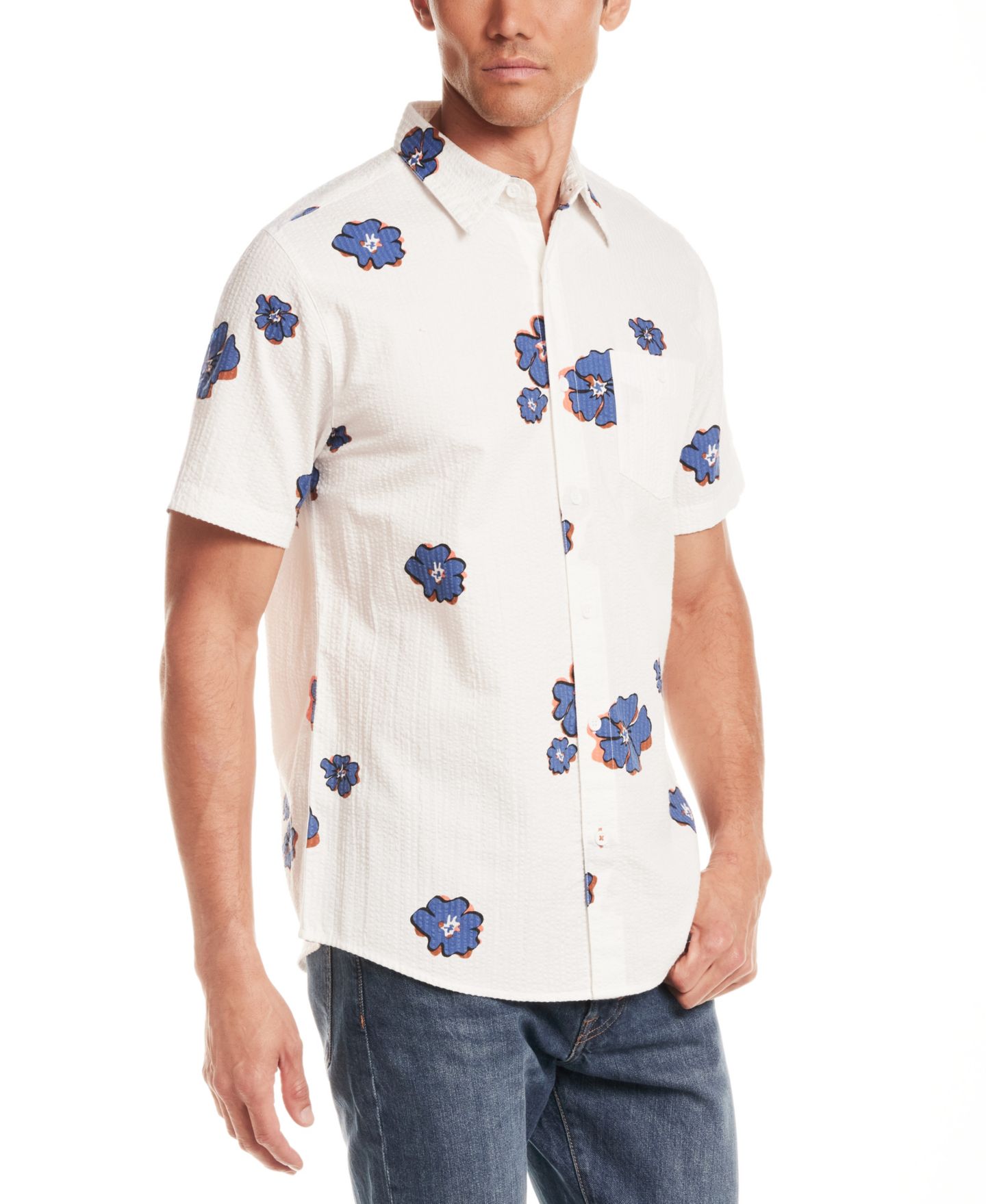 Мужская рубашка Weatherproof Vintage Short-Sleeve Button-Down Seersucker Print 100% Cotton Hawaiian, цвет: Синий — фото 2