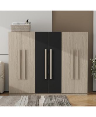 6-Doors Wooden Wardrobe Storage for Bedroom,with 2 Drawers Inside,Black+Nature