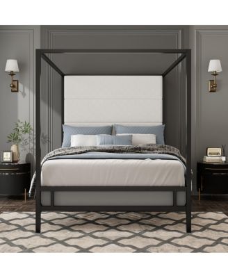 Modern Canopy Bed with Linen Upholstered Headboard