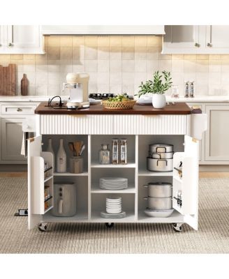 Streamdale 52" Fluted Kitchen Island with Drop Leaf, Power Outlet & Storage Cart