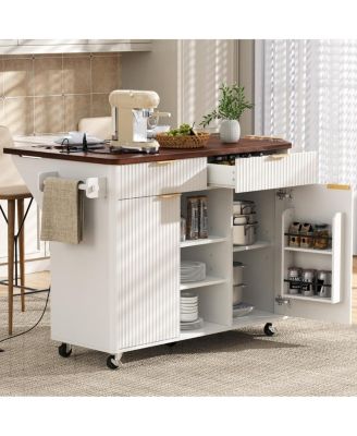 Streamdale 52" Fluted Kitchen Island with Drop Leaf, Power Outlet & Storage Cart
