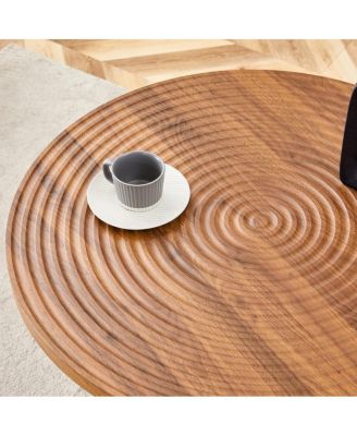 Dark Wood Grain Round Dining Table - 31.5 Inch, Black Metal Stand.