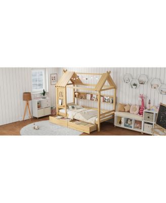  Twin House Bed with Storage Drawers and Shelves, Solid Wood