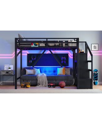 Queen Loft Bed with Storage Stairs, Shelves, Wardrobe, USB, LED, Black Woodgrain