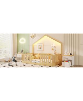  Twin Floor Bed with High Rails, Wooden Montessori Bed with Light for Kids