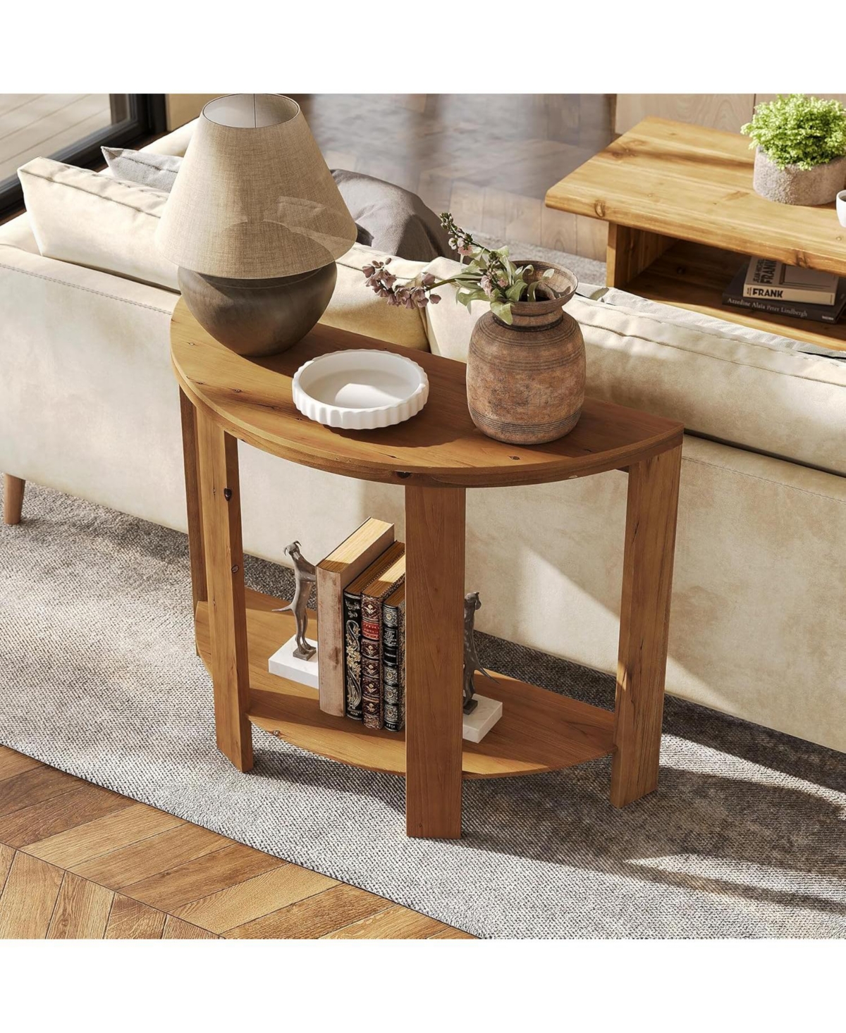 Tribesigns Solid Wood Half-Moon Console Table for Entryway, 41.3" Farmhouse Small Hallway Entry Accent Table with 2-Tier Storage