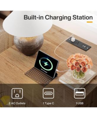 Large End Table with Charging Station & LED Light, 23.6" Square Sofa Side Table with Storage, Wooden Nightstand with Outlet