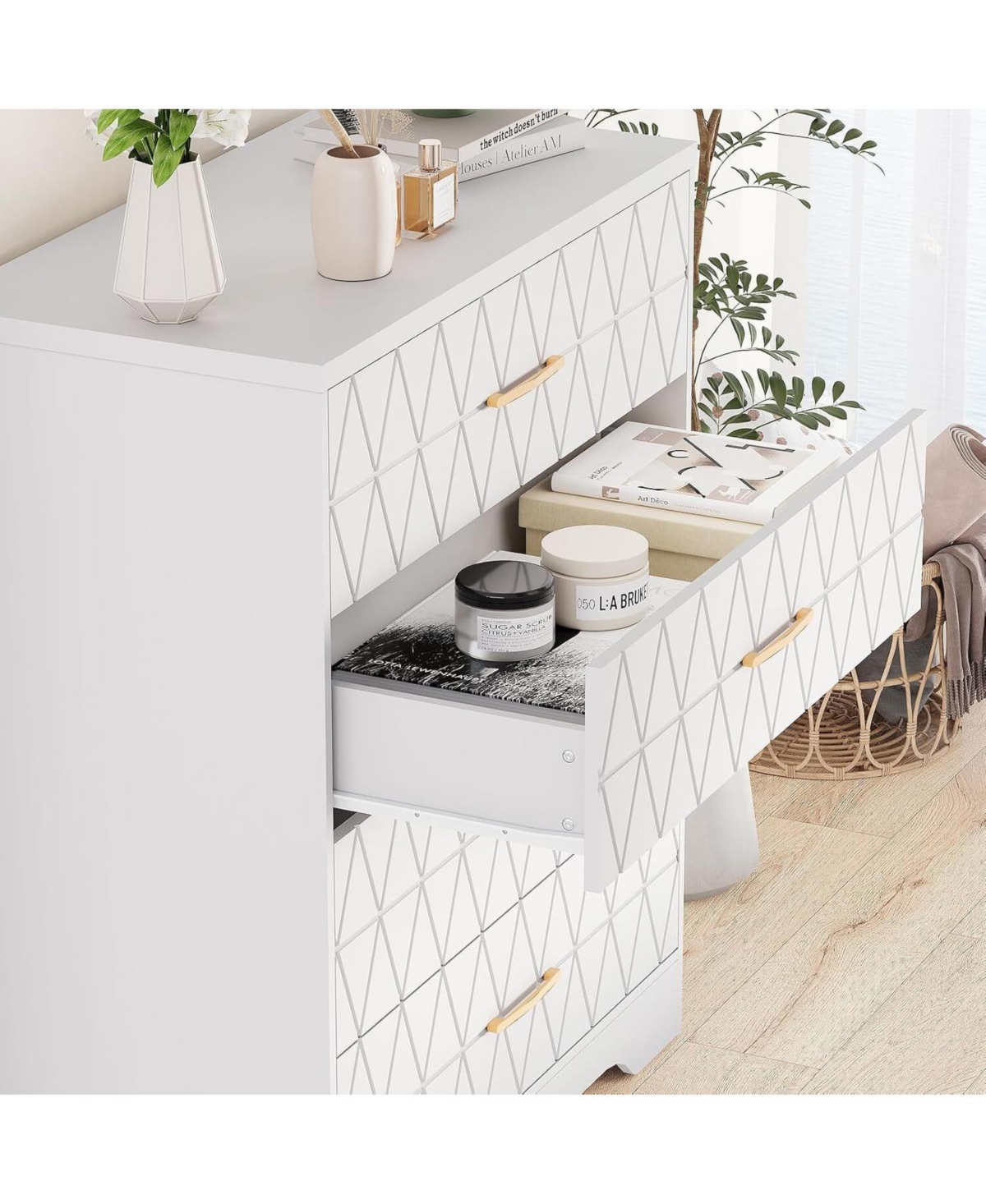gaomon 4-Drawer Wooden Dresser for Bedroom, Tall Chest of Drawers with Gold Handles & Storage