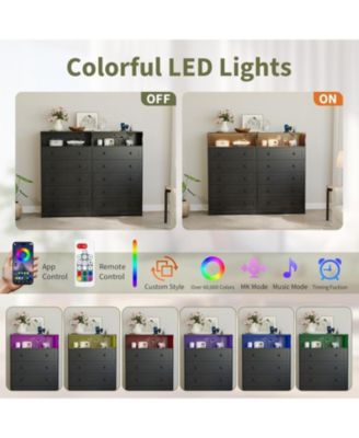 5-Drawer Wooden Dresser with LED Lights & Charging Station, Modern Nightstand Chest for Bedroom, Black