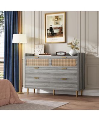 6 Drawer Double Dresser for Bedroom, 47" Wide Modern Chest of Drawers, Wooden Storage Rattan Dresser for Bedroom Living Room Hallway