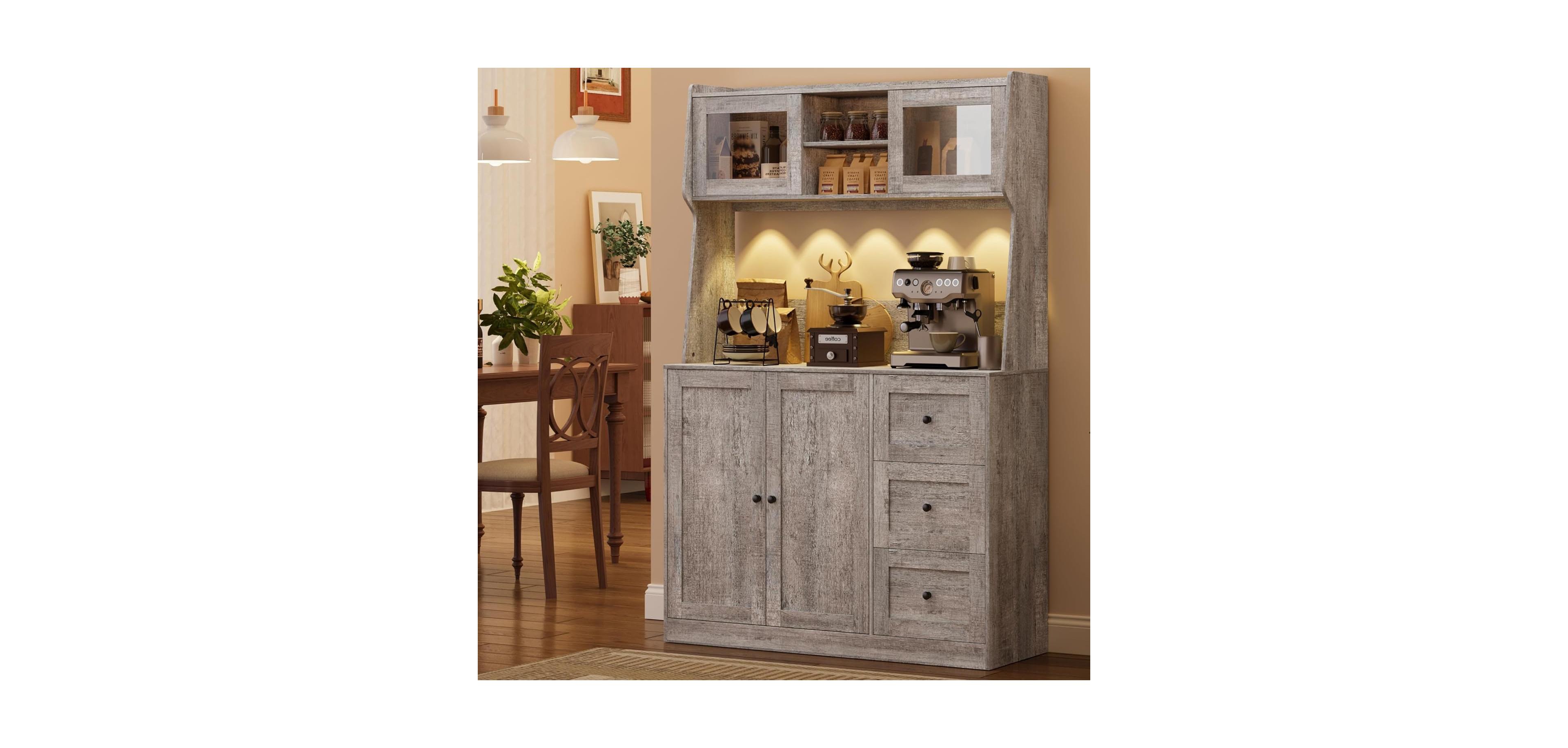 gaomon 67" Kitchen Pantry Cabinet with Microwave Shelf, Storage Hutch with Doors, Shelves & Drawers, Wooden Coffee Bar Sideboard