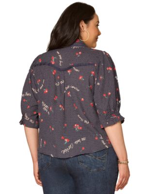 Plus Size Below Elbow-Sleeve Button-Down Shirt