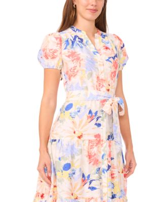 Petite Split Neck Puff-Sleeve Tiered Maxi Dress