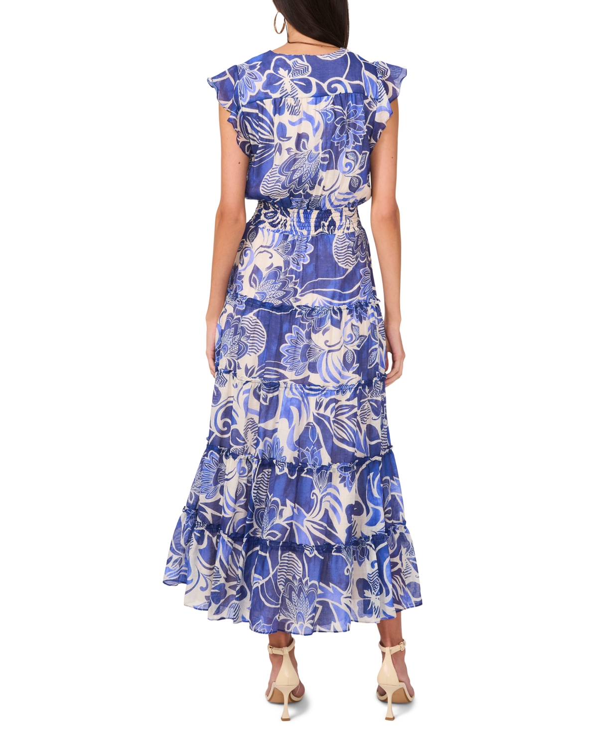 Msk Petite Split Neck Flutter-Sleeve Tiered Maxi Dress