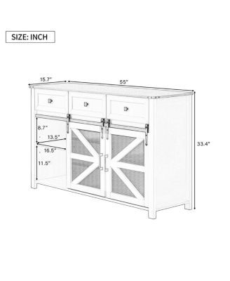55" Sliding Barn Door Sideboard with 3 Drawers & Adjustable Shelves