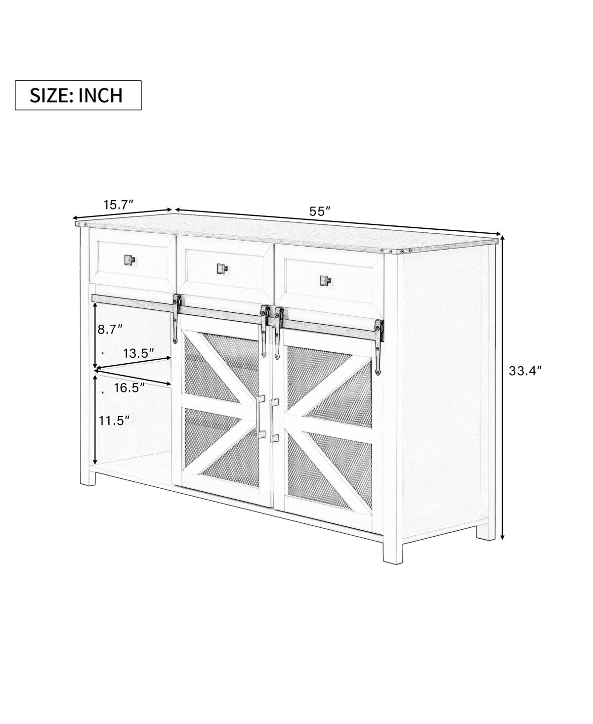 Streamdale Furniture 55" Sliding Barn Door Sideboard with 3 Drawers & Adjustable Shelves